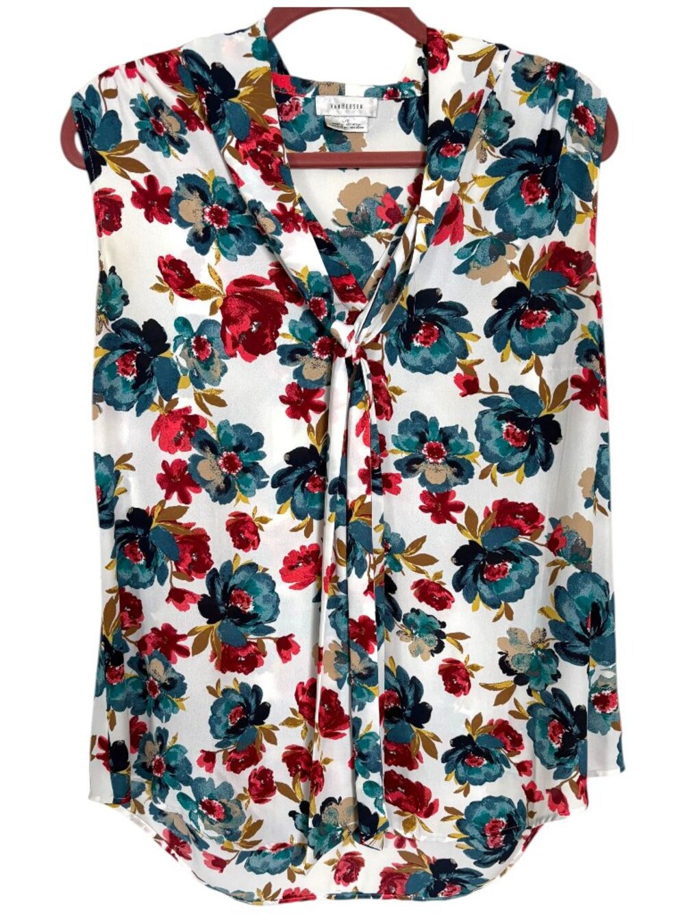 Van Heusen | White & Floral Sleeveless Blouse w/ Front Tie | Size L
